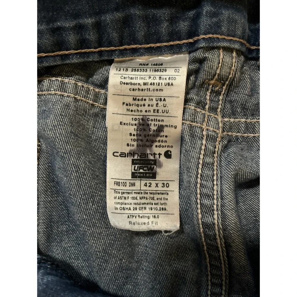 Carhartt‎ FR Denim Blue Work Jeans Relaxed Fit Men 42x28 Workwear FRB100DNM